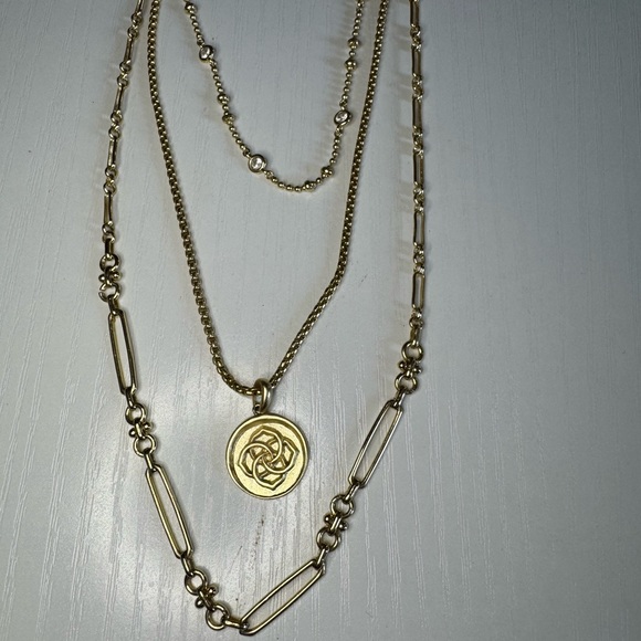 Kendra Scott Retired Gold 3 Layered Necklace with Logo Pendant—Mixed Chains - Picture 6 of 7